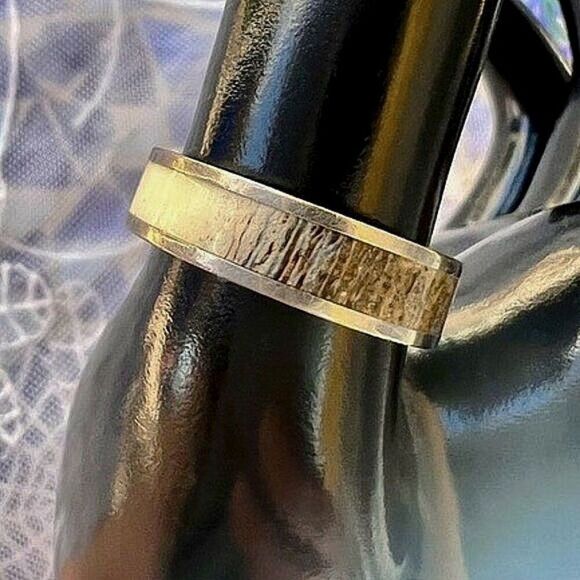 Woodsman Deer Antler Inlay Platinum Band Ring Unisex 8.75 - Picture 11 of 11